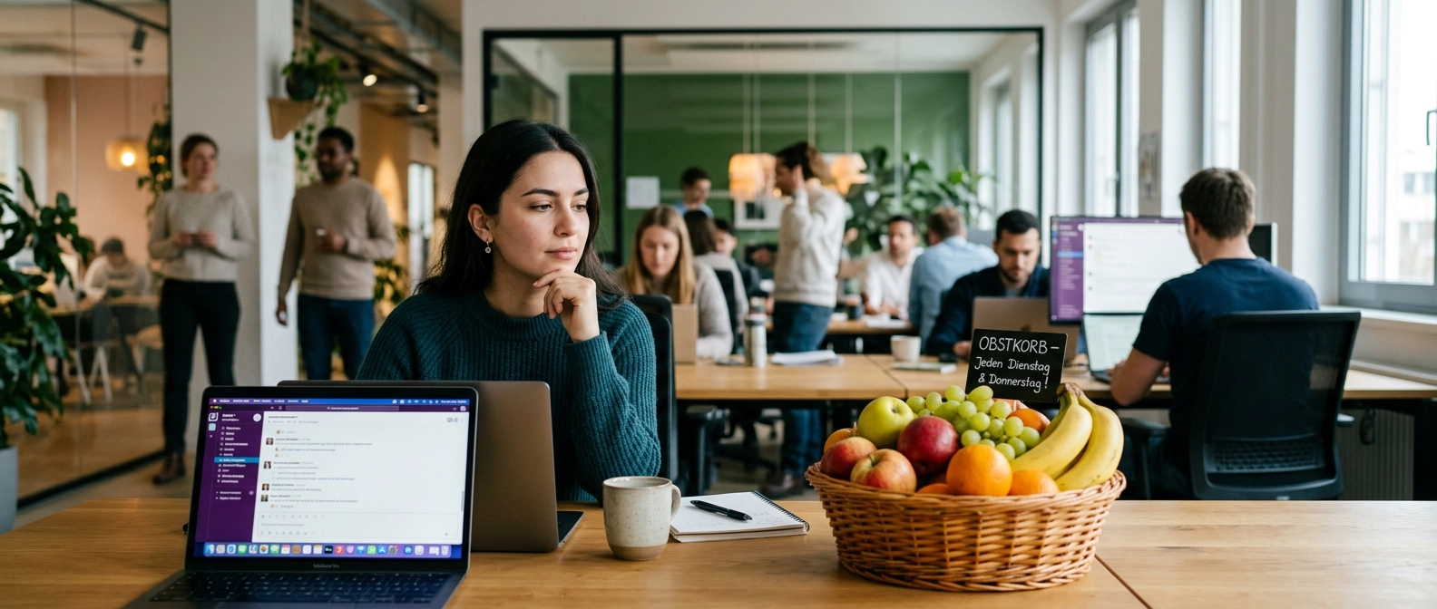 Obstkorb im Büro als Symbol für oberflächliche Benefits